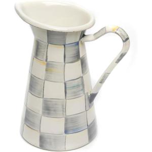 MACKENZIE-CHILDS Practical Enamel Pitcher with Spout, Drink Pitcher for Iced Tea or Water, Flower Vase, Medium, Green-and-White Emerald Check(Sterling Check)