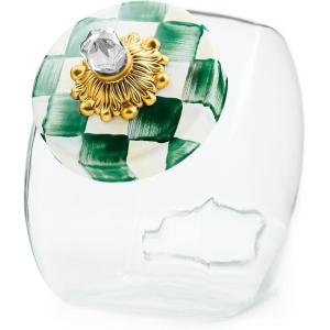 MACKENZIE-CHILDS Sweets Jar with Enamel Lid, Small Glass Cookie Jar or Kitchen Jar, 0.5-Gallon Capacity, Green-and-White Emerald Check