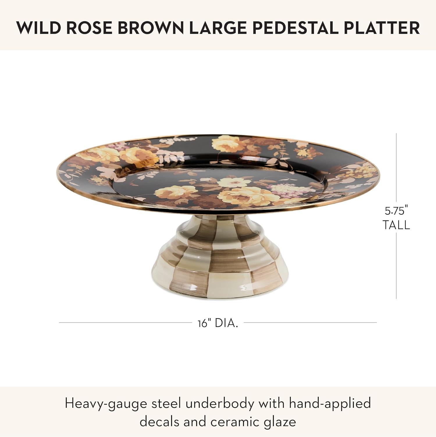 image:imageMACKENZIECHILDS Enamel Pedestal Platter Round Cake Stand Large Wild Rose SlateBrown Wild Rose