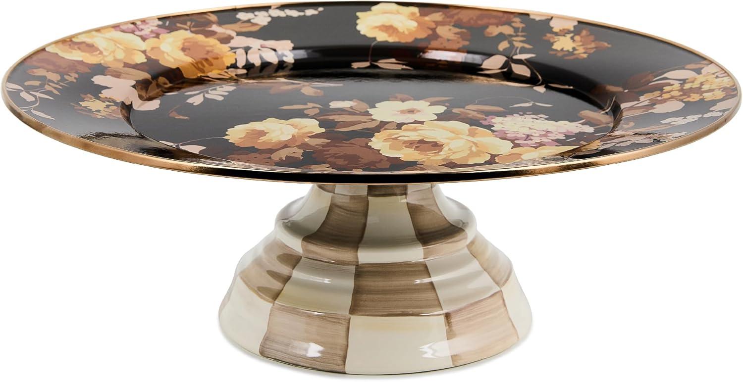 image:imageMACKENZIECHILDS Enamel Pedestal Platter Round Cake Stand Large Wild Rose SlateBrown Wild Rose