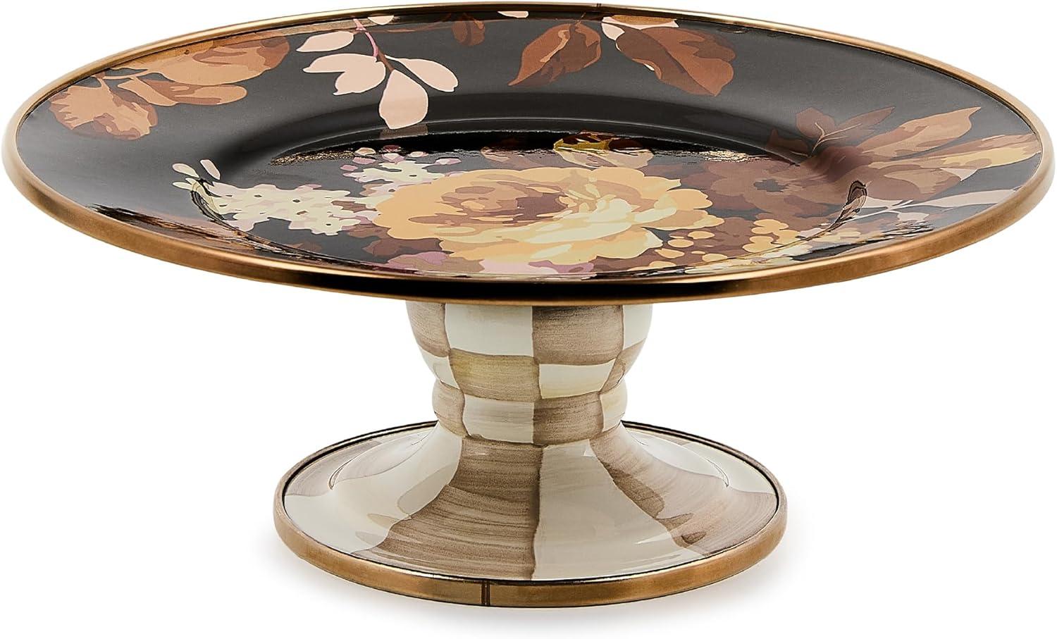 image:imageMACKENZIECHILDS Enamel Pedestal Platter Round Cake Stand Large Wild Rose SlateBrown Wild Rose