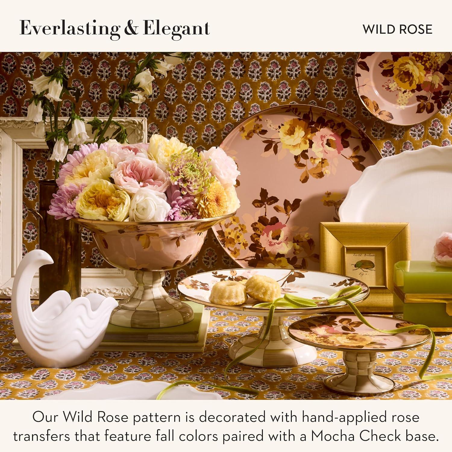 image:imageMACKENZIECHILDS Enamel Pedestal Platter Round Cake Stand Large Wild Rose SlateMauve Wild Rose