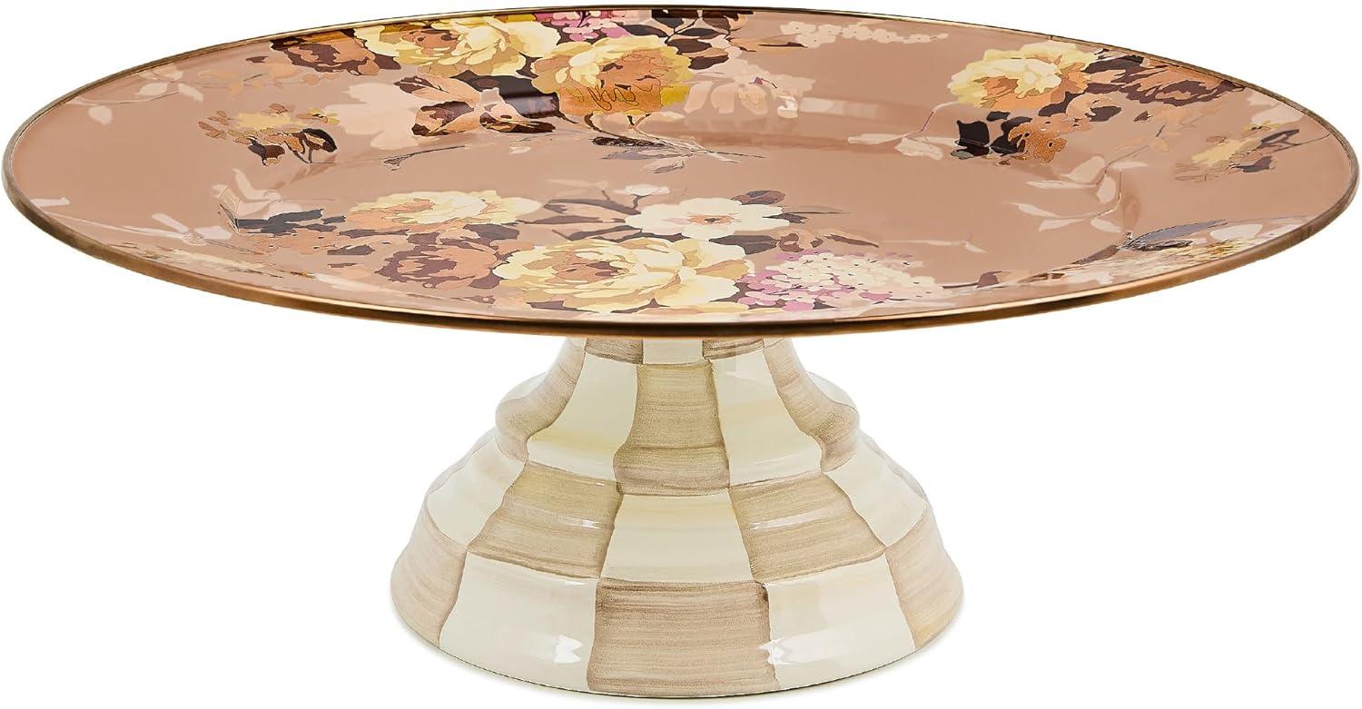 image:imageMACKENZIECHILDS Enamel Pedestal Platter Round Cake Stand Large Wild Rose SlateMauve Wild Rose