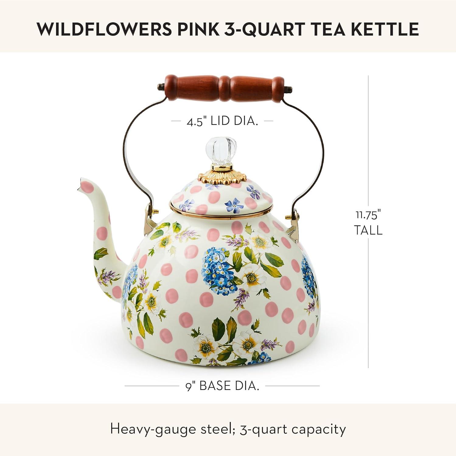 image:imageMACKENZIECHILDS Enamel Tea Kettle Decorative Tea Kettle for Stovetop 3 Quarts Wild Rose SlatePink Wildflowers