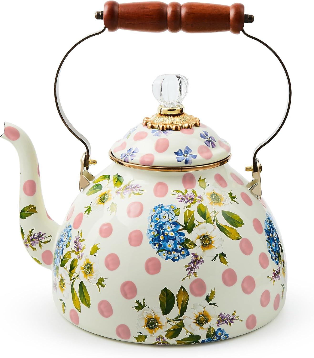 image:imageMACKENZIECHILDS Enamel Tea Kettle Decorative Tea Kettle for Stovetop 3 Quarts Wild Rose SlatePink Wildflowers