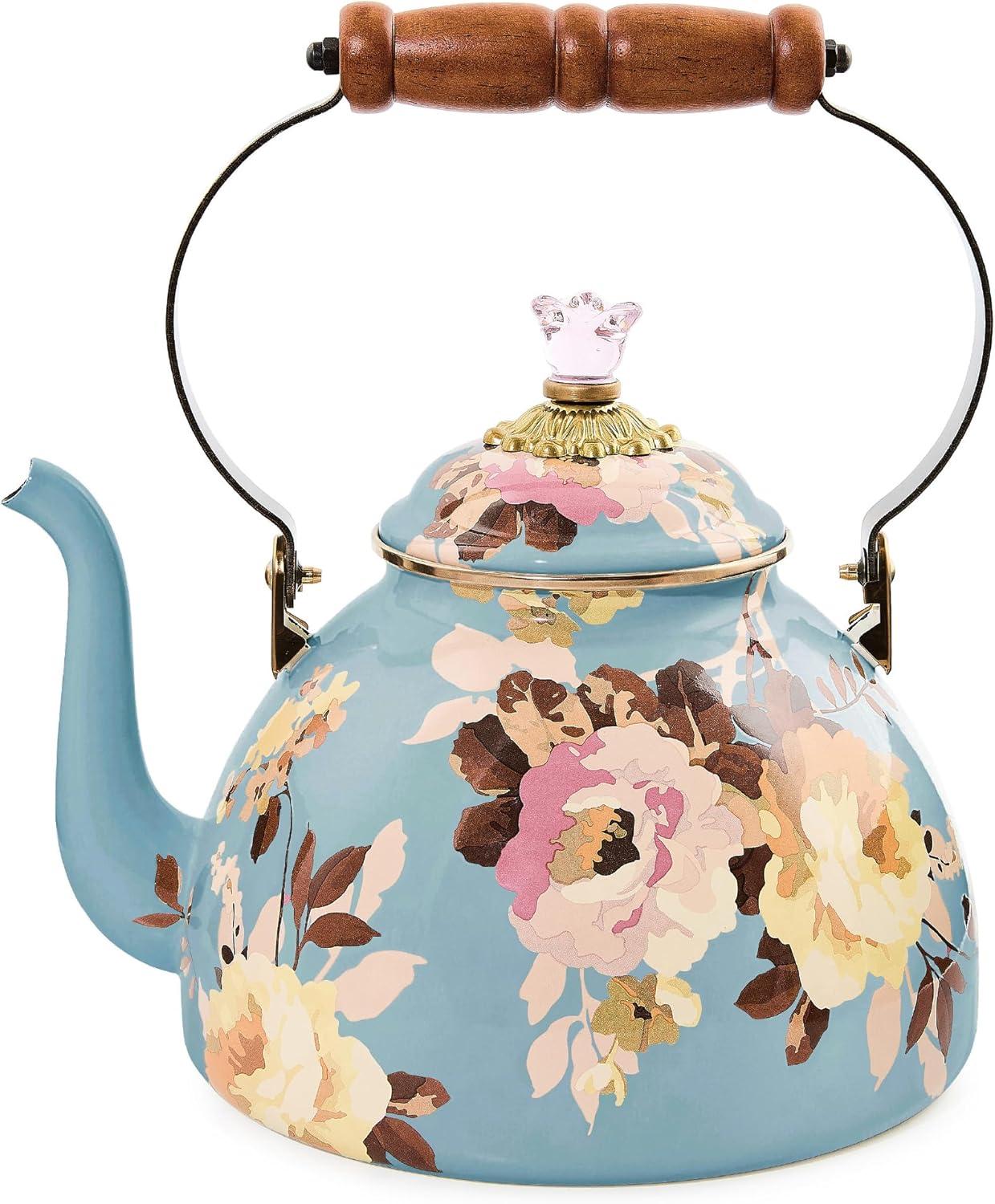 image:imageMACKENZIECHILDS Enamel Tea Kettle Decorative Tea Kettle for Stovetop 3 Quarts Wild Rose SlateSlate Wild Rose