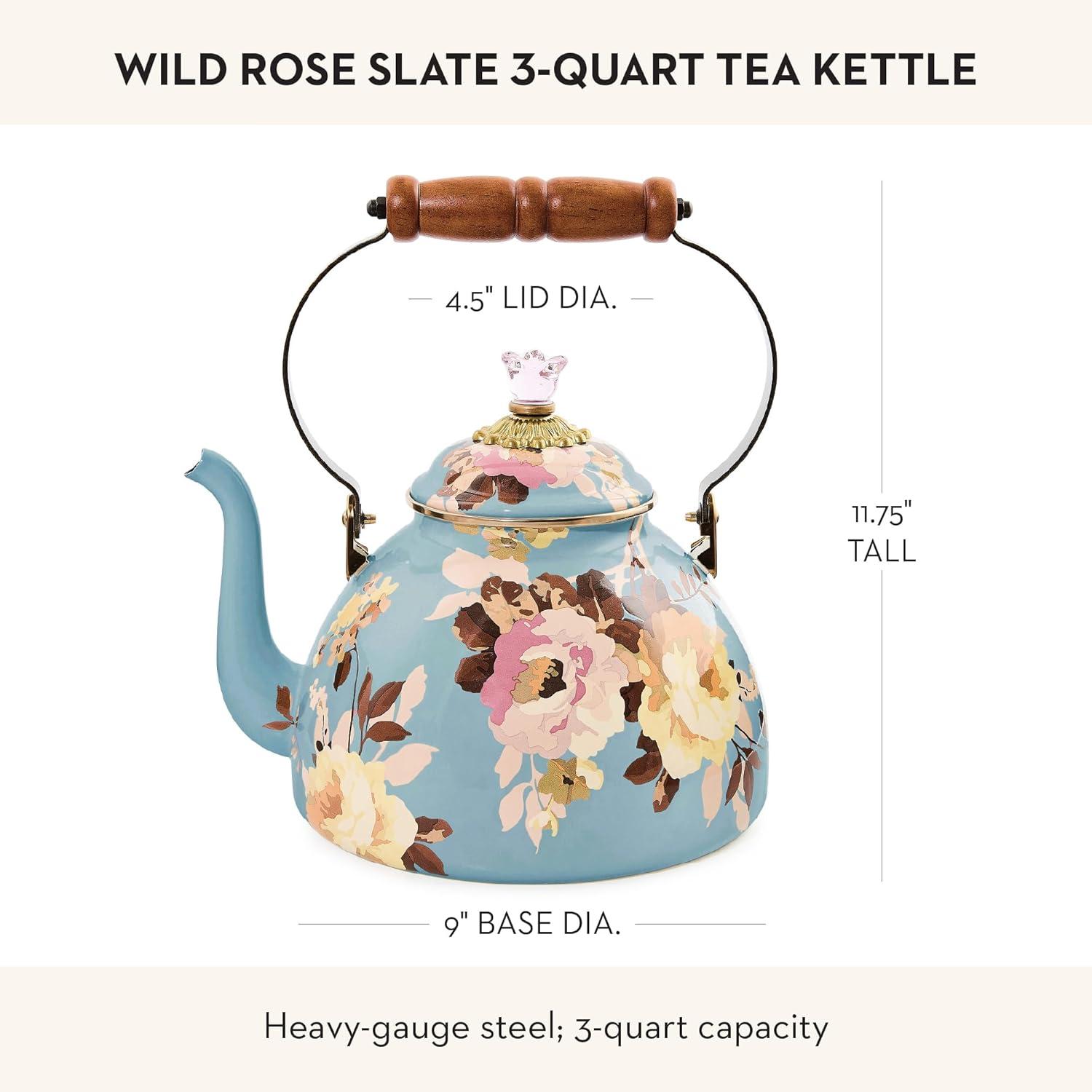 image:imageMACKENZIECHILDS Enamel Tea Kettle Decorative Tea Kettle for Stovetop 3 Quarts Wild Rose SlateSlate Wild Rose