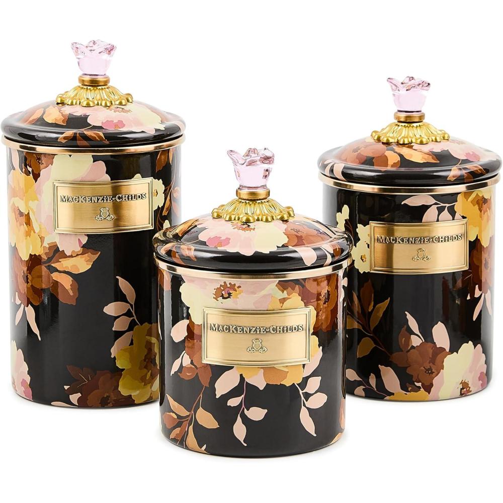 image:imageMACKENZIECHILDS Enamel Canister Set Small 38 oz Medium 48 oz and Large 64 oz Kitchen Containers Brown Wild RoseBrown Wild Rose