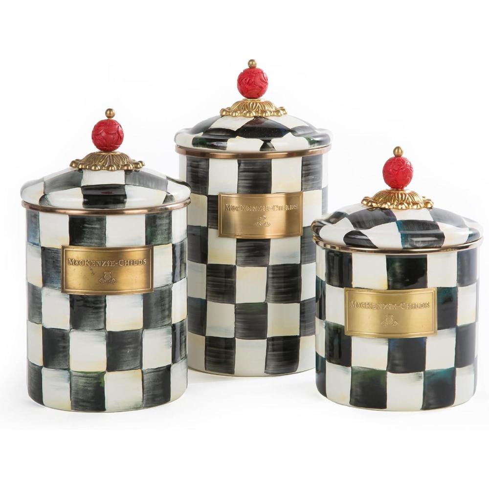 image:imageMACKENZIECHILDS Enamel Canister Set Small 38 oz Medium 48 oz and Large 64 oz Kitchen Containers Brown Wild RoseCourtly Check