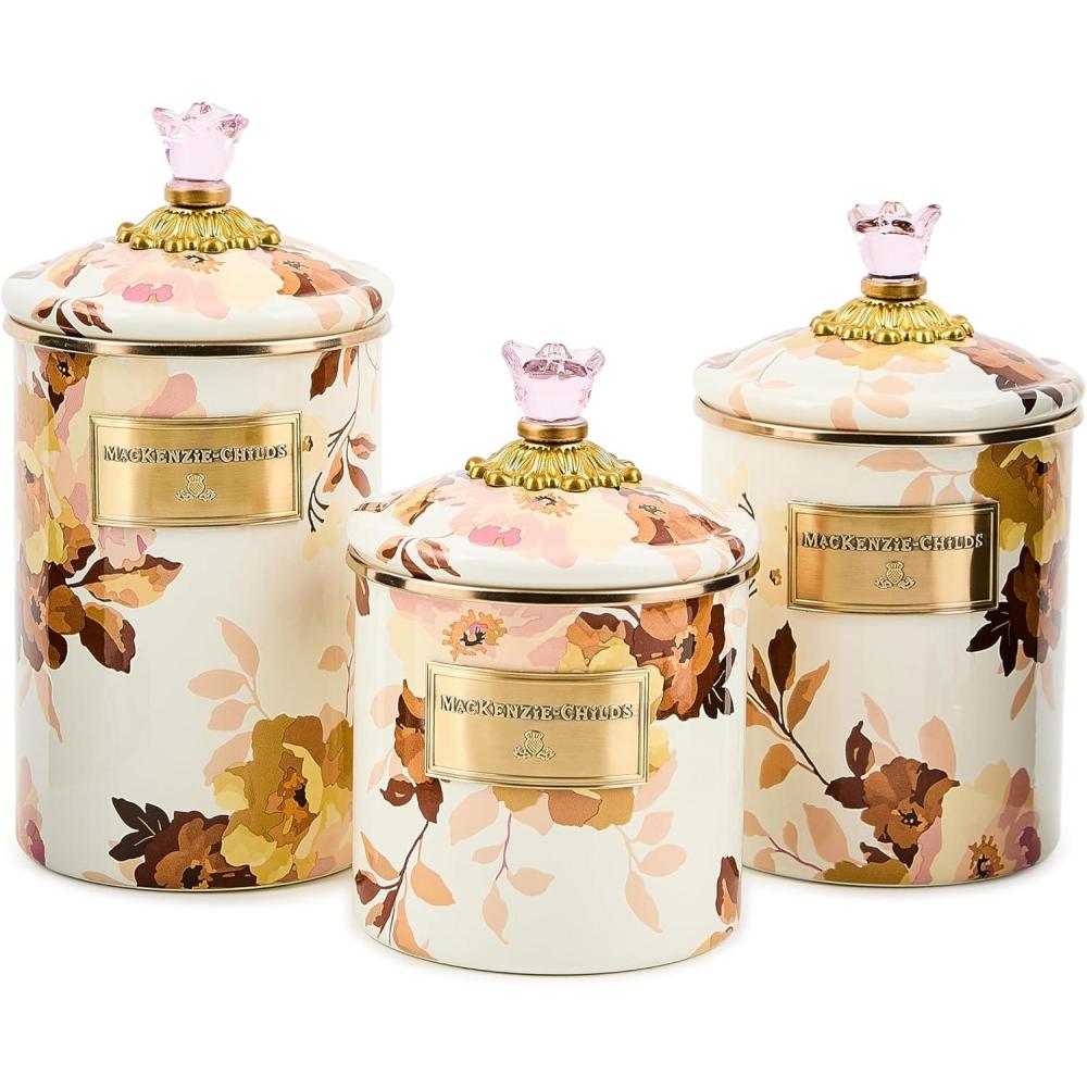 image:imageMACKENZIECHILDS Enamel Canister Set Small 38 oz Medium 48 oz and Large 64 oz Kitchen Containers Brown Wild RoseWhite Wild Rose