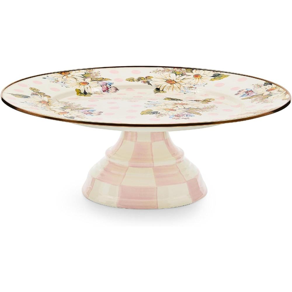 image:imageMACKENZIECHILDS Enamel Pedestal Platter Round Cake Stand Large Wild Rose SlatePink Wildflowers