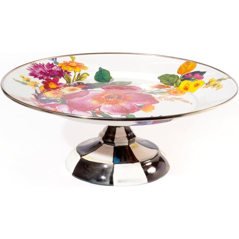 image:imageMACKENZIECHILDS Enamel Pedestal Platter Round Cake Stand Large Wild Rose SlateWhite