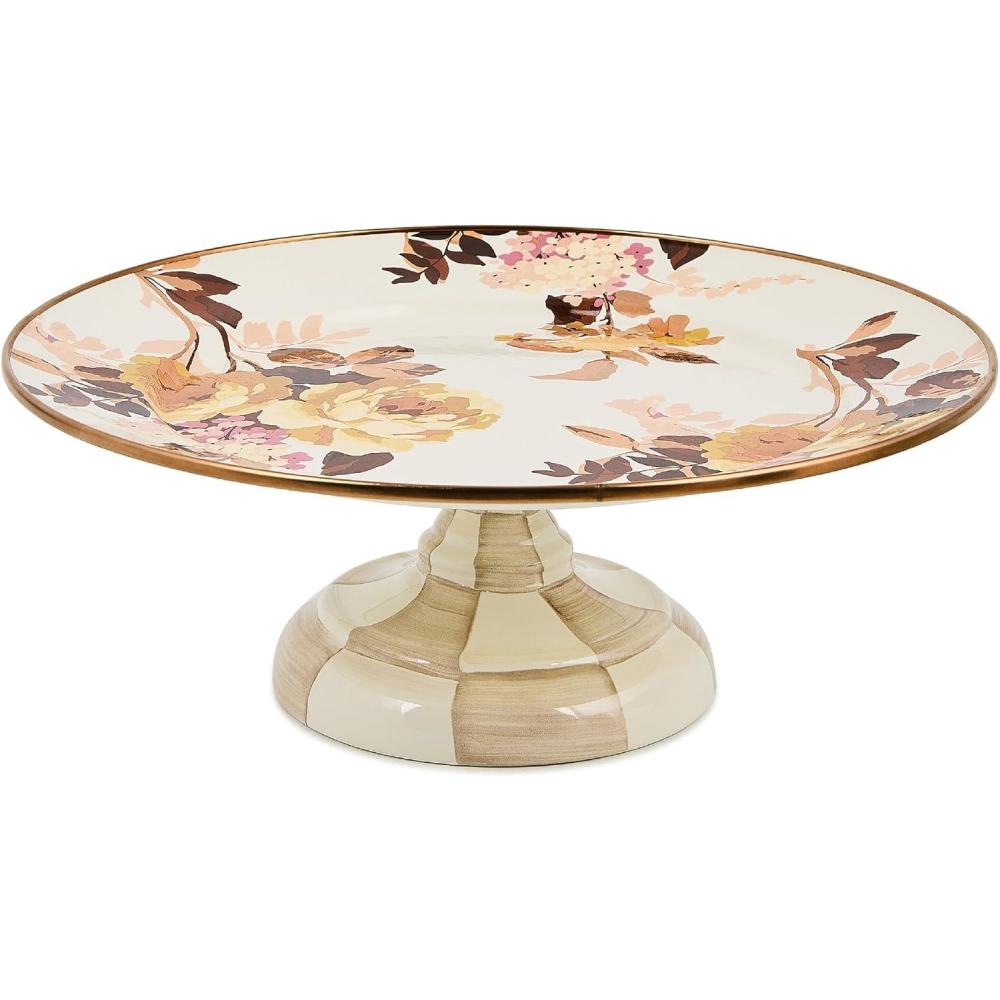 image:imageMACKENZIECHILDS Enamel Pedestal Platter Round Cake Stand Large Wild Rose SlateWild Rose White