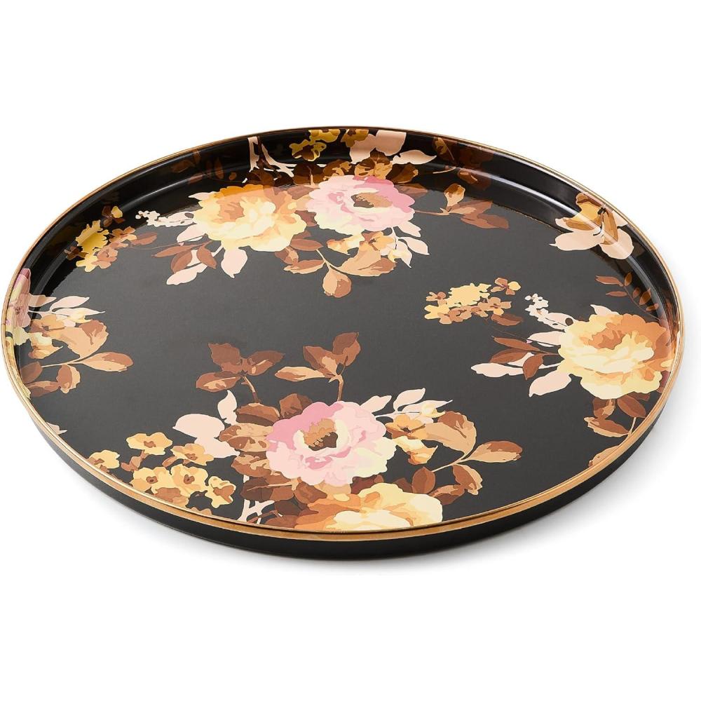 image:imageMACKENZIECHILDS Enamel Round Tray Decorative Serving Platter for Food and Drinks Wild Rose MauveBrown Wild Rose
