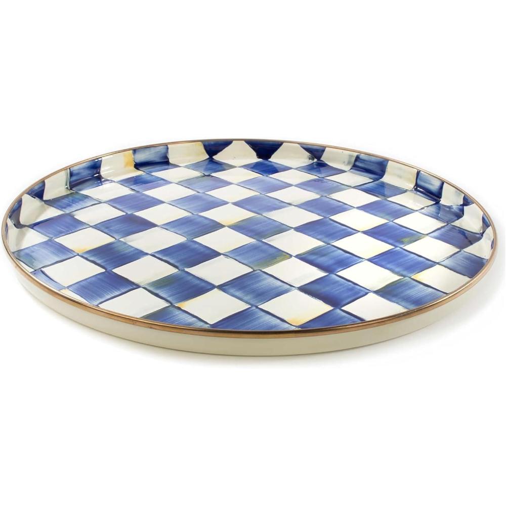 image:imageMACKENZIECHILDS Enamel Round Tray Decorative Serving Platter for Food and Drinks Wild Rose MauveRoyal Check