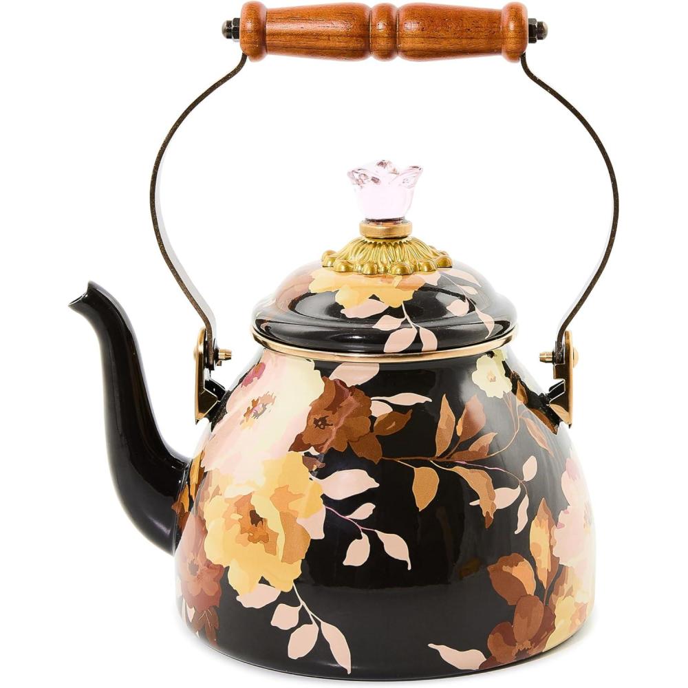 image:imageMACKENZIECHILDS Enamel Tea Kettle Decorative Tea Kettle for Stovetop 3 Quarts Wild Rose SlateBrown Wild Rose