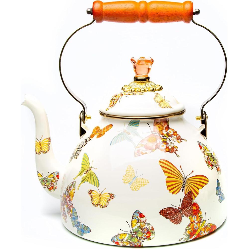 image:imageMACKENZIECHILDS Enamel Tea Kettle Decorative Tea Kettle for Stovetop 3 Quarts Wild Rose SlateButterfly Garden
