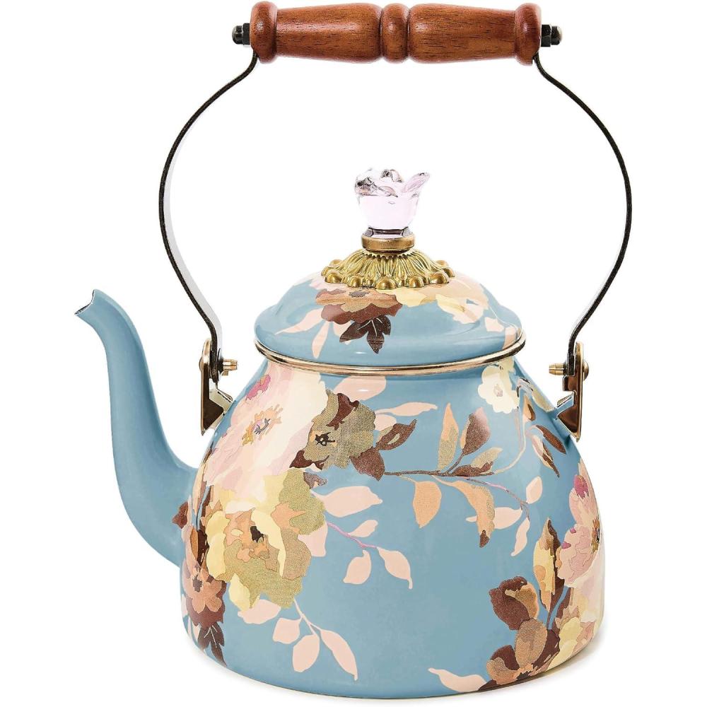 image:imageMACKENZIECHILDS Enamel Tea Kettle Decorative Tea Kettle for Stovetop 3 Quarts Wild Rose SlateSlate Wild Rose