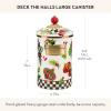 MACKENZIE-CHILDS Enamel Canister, Kitchen Storage Container with Lid, Large, 64-Ounce Capacity, Wild Rose Slate(Deck the Halls)