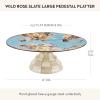 MACKENZIE-CHILDS Enamel Pedestal Platter, Round Cake Stand, Large, Wild Rose Slate(Blue-gray  Brown)