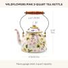 MACKENZIE-CHILDS Enamel Tea Kettle, Decorative Tea Kettle for Stovetop, 3 Quarts, Wild Rose Slate(Pink Wildflowers)