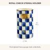 MACKENZIE-CHILDS Enamel Utensil Holder, Stylish Kitchen Countertop Organizer, Wild Rose Mauve(Royal Check)