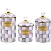 MACKENZIE-CHILDS Enamel Canister Set, Small (38 oz.), Medium (48 oz.), and Large (64 oz.) Kitchen Containers, Brown Wild Rose(Violet Check)