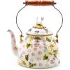 MACKENZIE-CHILDS Enamel Tea Kettle, Decorative Tea Kettle for Stovetop, 3 Quarts, Wild Rose Slate(Pink Wildflowers)