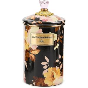 MACKENZIE-CHILDS Enamel Canister, Kitchen Storage Container with Lid, Large, 64-Ounce Capacity, Wild Rose Slate(Brown Wild Rose)