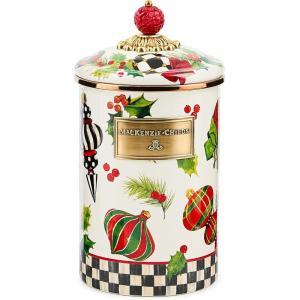 MACKENZIE-CHILDS Enamel Canister, Kitchen Storage Container with Lid, Large, 64-Ounce Capacity, Wild Rose Slate(Deck the Halls)