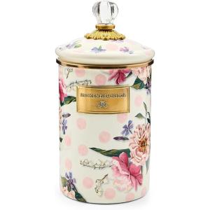 MACKENZIE-CHILDS Enamel Canister, Kitchen Storage Container with Lid, Large, 64-Ounce Capacity, Wild Rose Slate(Pink Wildflower)
