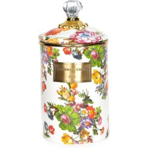 MACKENZIE-CHILDS Enamel Canister, Kitchen Storage Container with Lid, Large, 64-Ounce Capacity, Wild Rose Slate(White Flower Market)