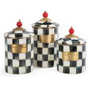 MACKENZIE-CHILDS Enamel Canister Set, Small (38 oz.), Medium (48 oz.), and Large (64 oz.) Kitchen Containers, Brown Wild Rose(Courtly Check)