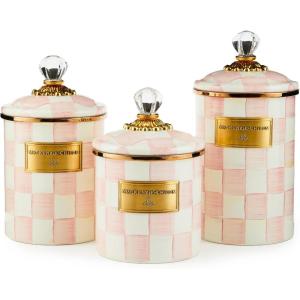 MACKENZIE-CHILDS Enamel Canister Set, Small (38 oz.), Medium (48 oz.), and Large (64 oz.) Kitchen Containers, Brown Wild Rose(Rosy Check)