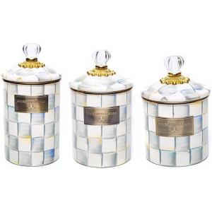MACKENZIE-CHILDS Enamel Canister Set, Small (38 oz.), Medium (48 oz.), and Large (64 oz.) Kitchen Containers, Brown Wild Rose(Sterling Check)