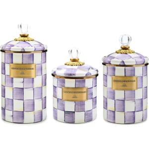 MACKENZIE-CHILDS Enamel Canister Set, Small (38 oz.), Medium (48 oz.), and Large (64 oz.) Kitchen Containers, Brown Wild Rose(Violet Check)