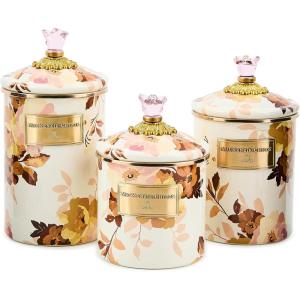 MACKENZIE-CHILDS Enamel Canister Set, Small (38 oz.), Medium (48 oz.), and Large (64 oz.) Kitchen Containers, Brown Wild Rose(White Wild Rose)