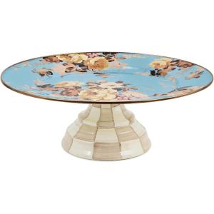 MACKENZIE-CHILDS Enamel Pedestal Platter, Round Cake Stand, Large, Wild Rose Slate(Blue-gray  Brown)