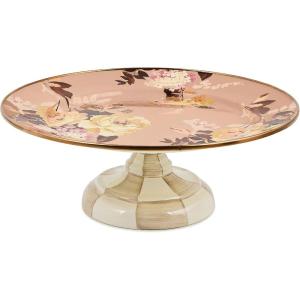 MACKENZIE-CHILDS Enamel Pedestal Platter, Round Cake Stand, Large, Wild Rose Slate(Mauve Wild Rose)