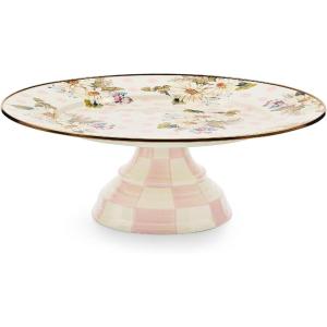 MACKENZIE-CHILDS Enamel Pedestal Platter, Round Cake Stand, Large, Wild Rose Slate(Pink Wildflowers)