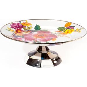 MACKENZIE-CHILDS Enamel Pedestal Platter, Round Cake Stand, Large, Wild Rose Slate(White)