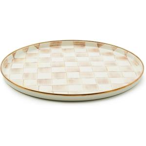 MACKENZIE-CHILDS Enamel Round Tray, Decorative Serving Platter for Food and Drinks, Wild Rose Mauve(Mocha Check)