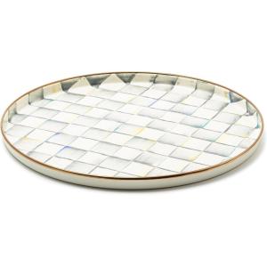 MACKENZIE-CHILDS Enamel Round Tray, Decorative Serving Platter for Food and Drinks, Wild Rose Mauve(Sterling Check)