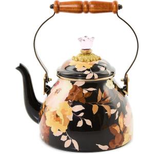 MACKENZIE-CHILDS Enamel Tea Kettle, Decorative Tea Kettle for Stovetop, 3 Quarts, Wild Rose Slate(Brown Wild Rose)