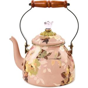 MACKENZIE-CHILDS Enamel Tea Kettle, Decorative Tea Kettle for Stovetop, 3 Quarts, Wild Rose Slate(Mauve Wild Rose)