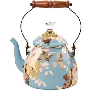 MACKENZIE-CHILDS Enamel Tea Kettle, Decorative Tea Kettle for Stovetop, 3 Quarts, Wild Rose Slate(Slate Wild Rose)