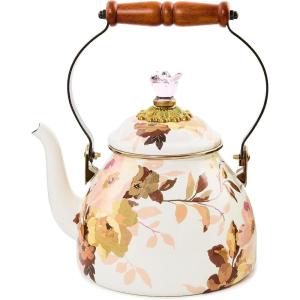 MACKENZIE-CHILDS Enamel Tea Kettle, Decorative Tea Kettle for Stovetop, 3 Quarts, Wild Rose Slate(White Wild Rose)