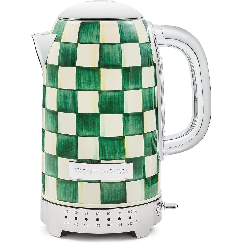 image:imageMACKENZIECHILDS Electric Kettle StainlessSteel Tea Kettle BlackandWhite Courtly Flower MarketEmerald Check