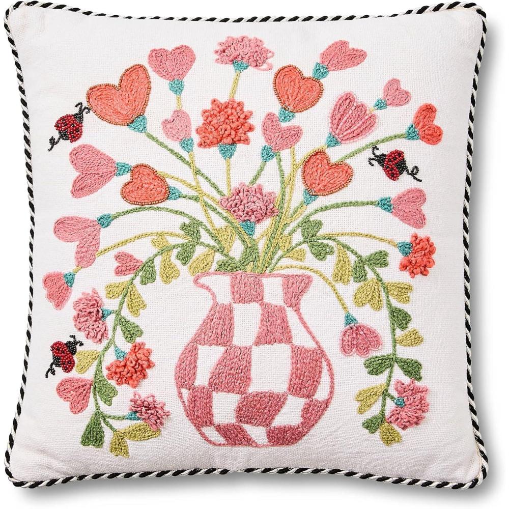 image:imageMACKENZIECHILDS Throw Pillow Decorative Cotton Pillow for Valentines Day Decor 18x18 Pink Check Hearts Bouquet