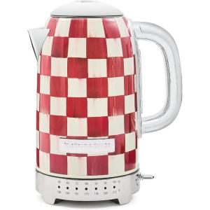 MACKENZIE-CHILDS Electric Kettle, Stainless-Steel Tea Kettle, Black-and-White Courtly Flower Market(Cherry Check)